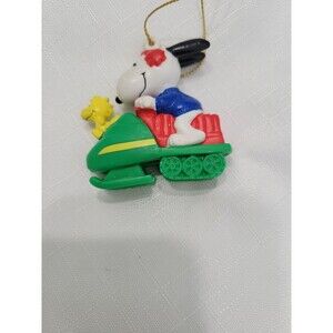 Vintage Peanuts Snoopy With Woodstock Green Snowmobile Ornament